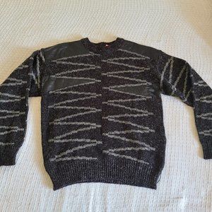 Vintage 80s Black and Grey Wool Blend Sweater with Leather Accents, Size M